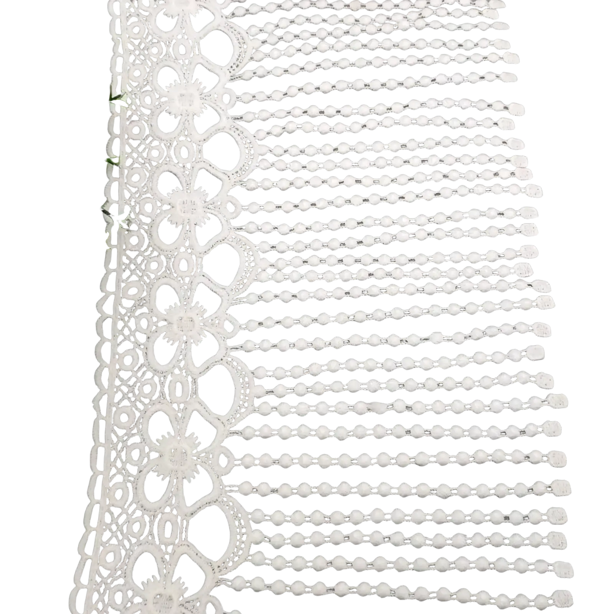 White beaded lace trim fabric featuring intricate floral patterns and delicate beaded fringe in white lace material