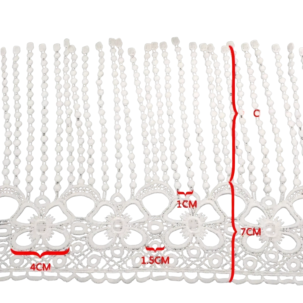 White beaded lace trim fabric featuring white floral motifs and intricate beaded detailing on lace material