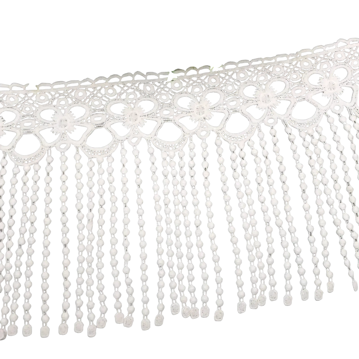 White beaded lace trim fabric featuring delicate floral patterns and dangling beaded fringe in white color