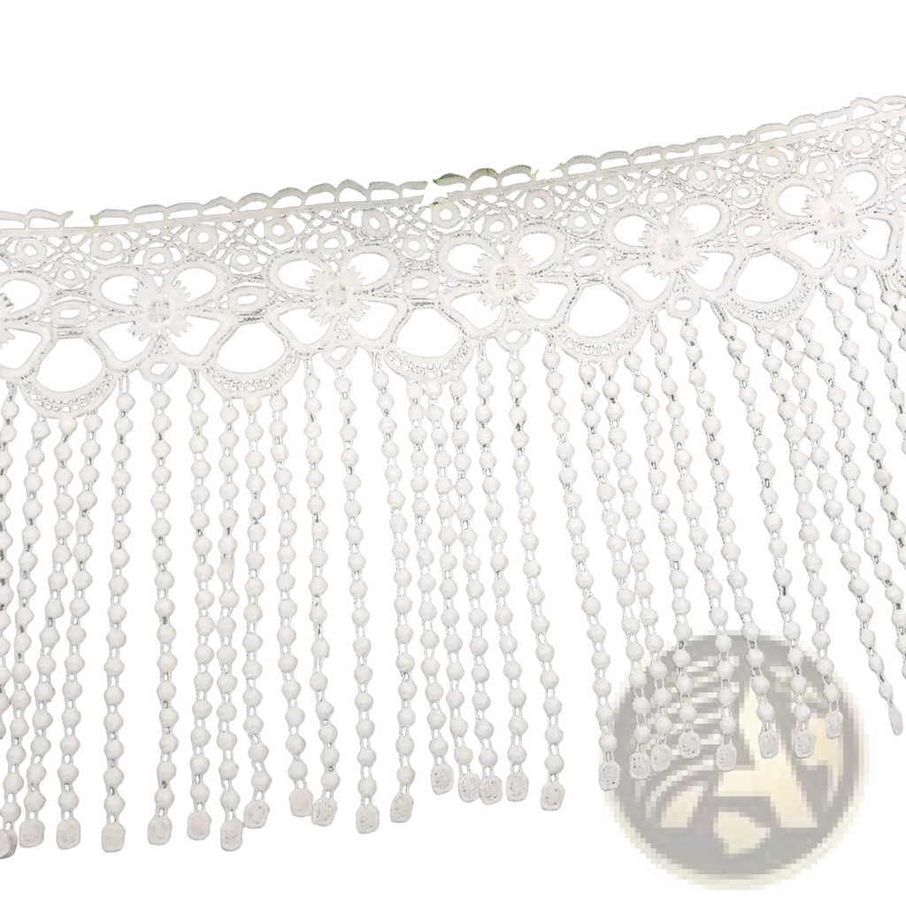 White beaded lace trim fabric featuring delicate floral patterns and dangling beaded fringe in white color