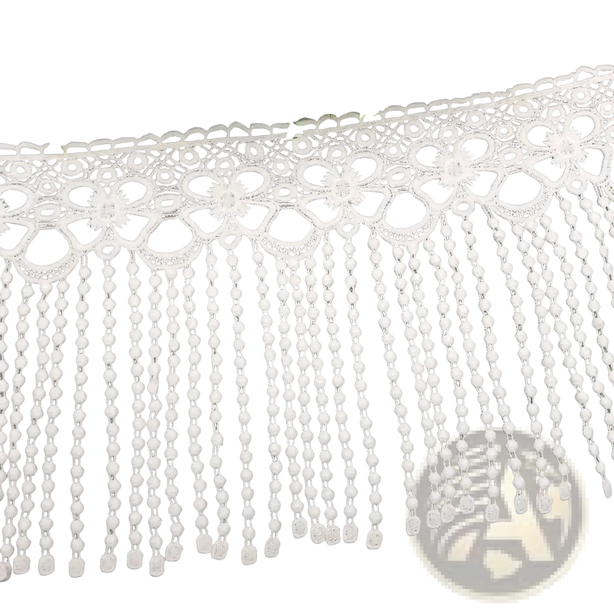 White beaded lace trim fabric featuring delicate floral patterns and dangling beaded fringe in white color