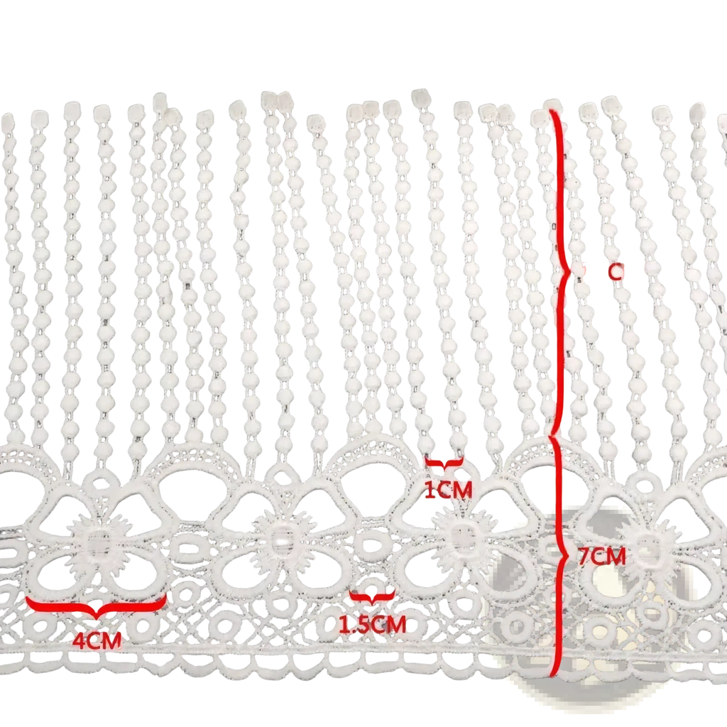 White beaded lace trim fabric featuring white floral motifs and intricate beaded detailing on lace material