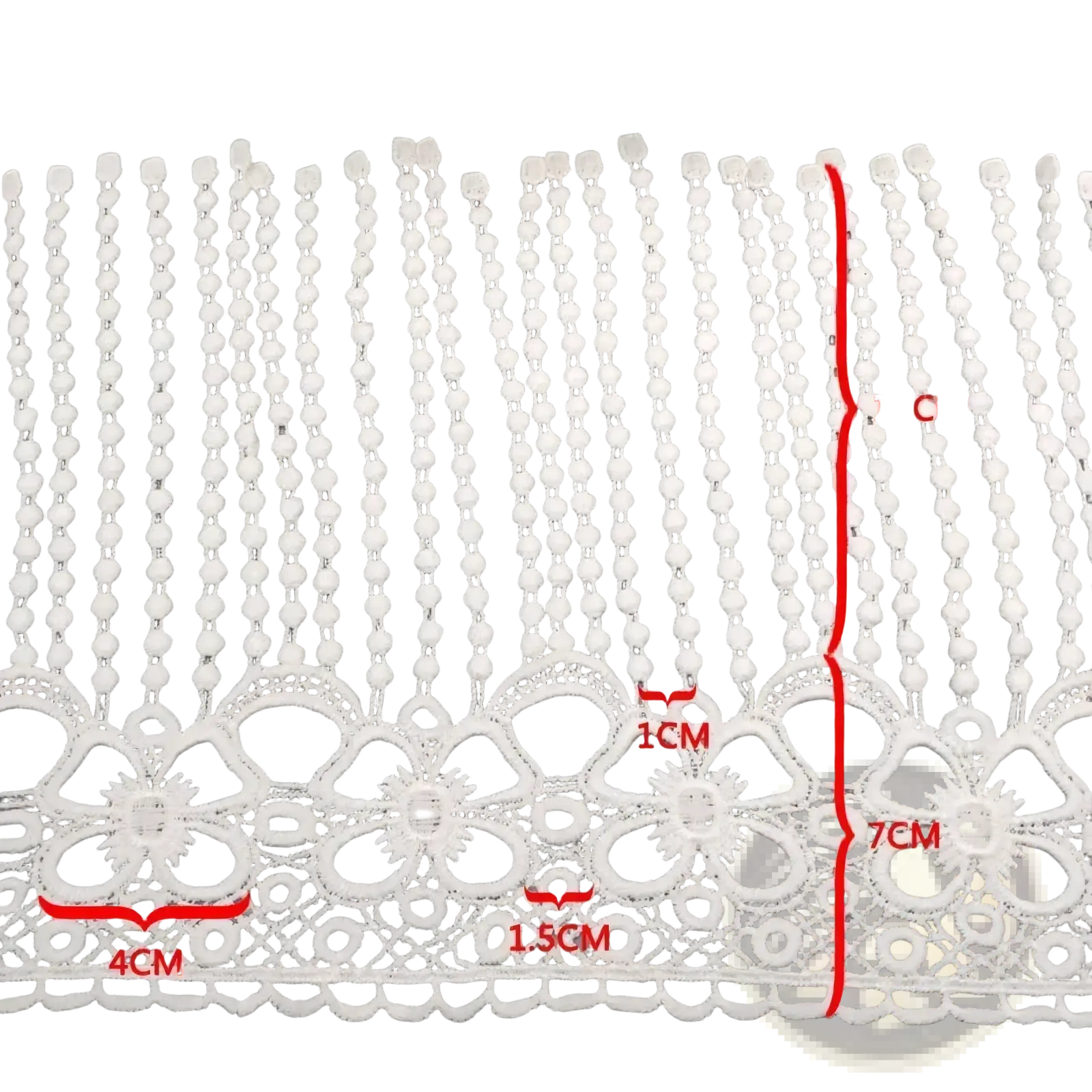 White beaded lace trim fabric featuring white floral motifs and intricate beaded detailing on lace material