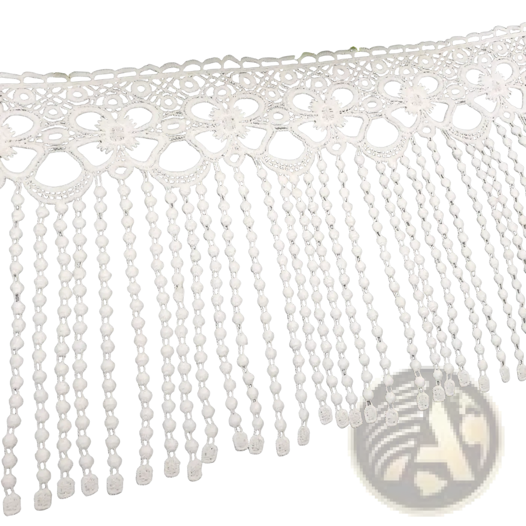 White beaded lace trim fabric featuring white lace with floral patterns and a delicate beaded fringe detail