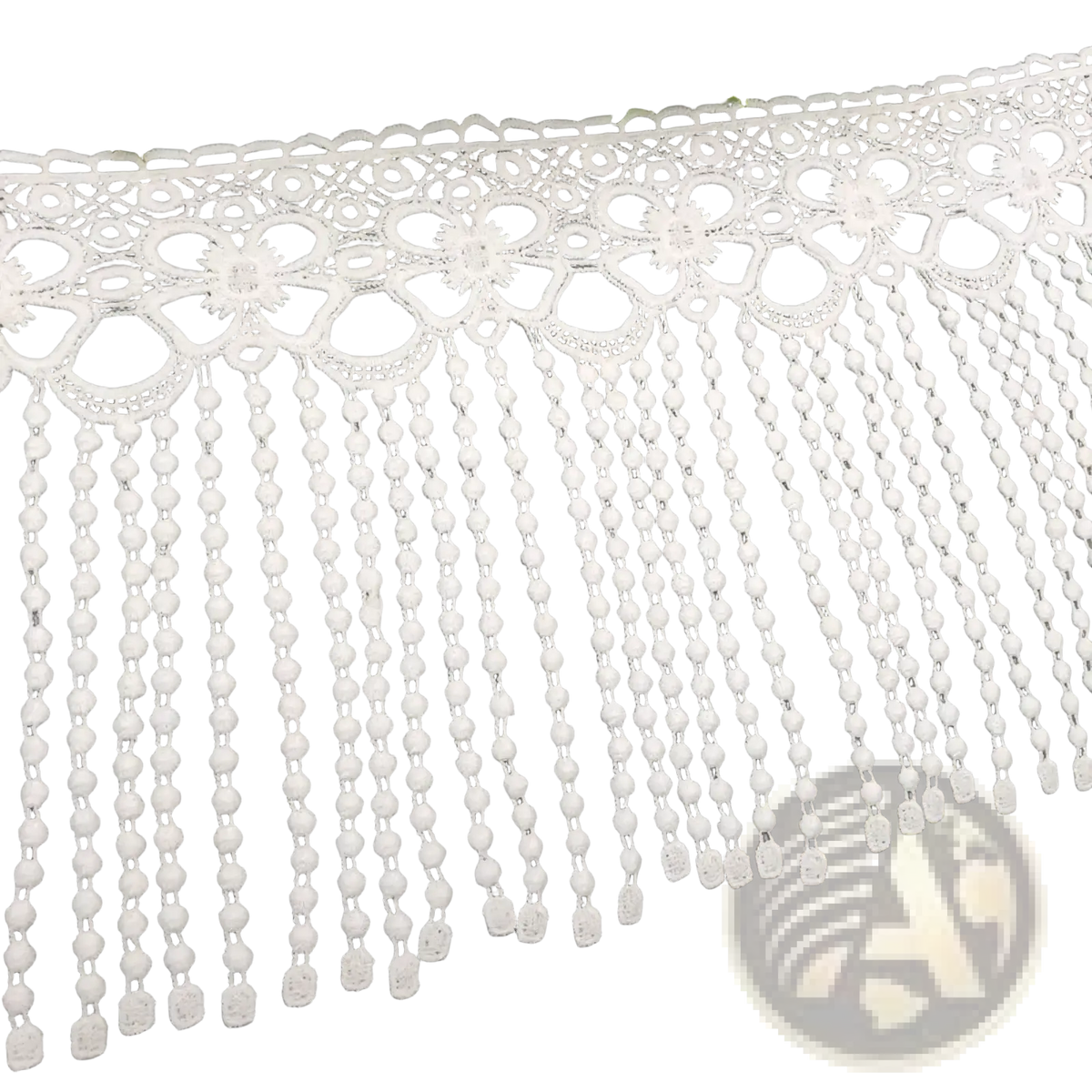 White beaded lace trim fabric featuring white lace with floral patterns and a delicate beaded fringe detail