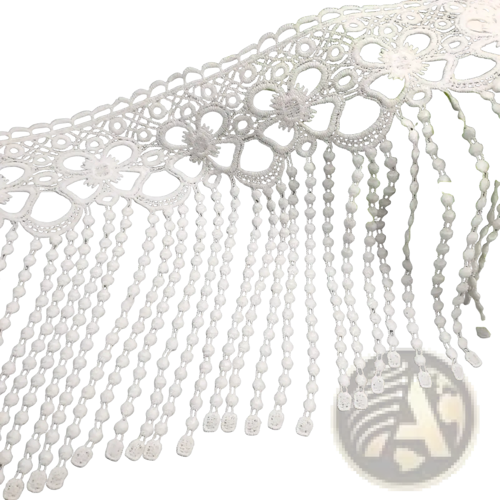 White beaded lace trim fabric featuring white lace with floral patterns and delicate beaded fringe details