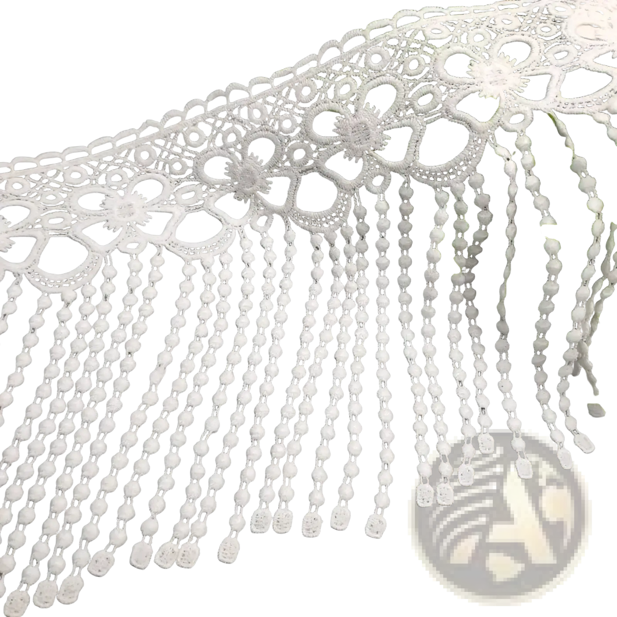 White beaded lace trim fabric featuring white lace with floral patterns and delicate beaded fringe details