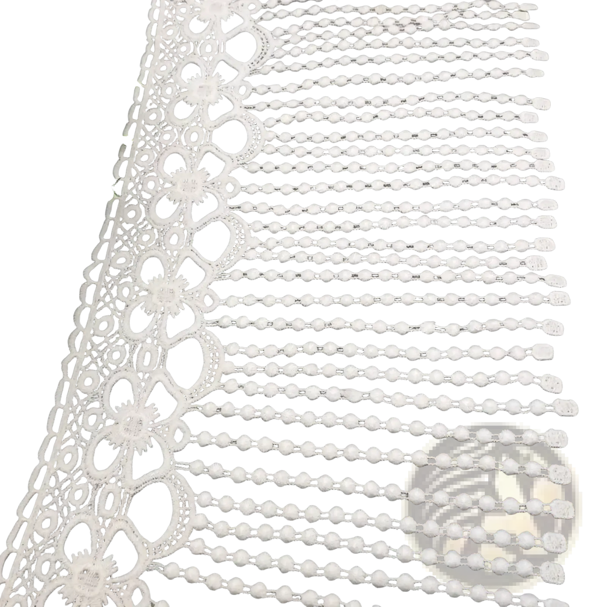 White beaded lace trim fabric featuring intricate white floral patterns and delicate beaded fringe detail