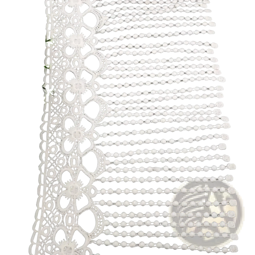 White beaded lace trim fabric featuring intricate floral patterns and delicate beaded fringe in white lace material