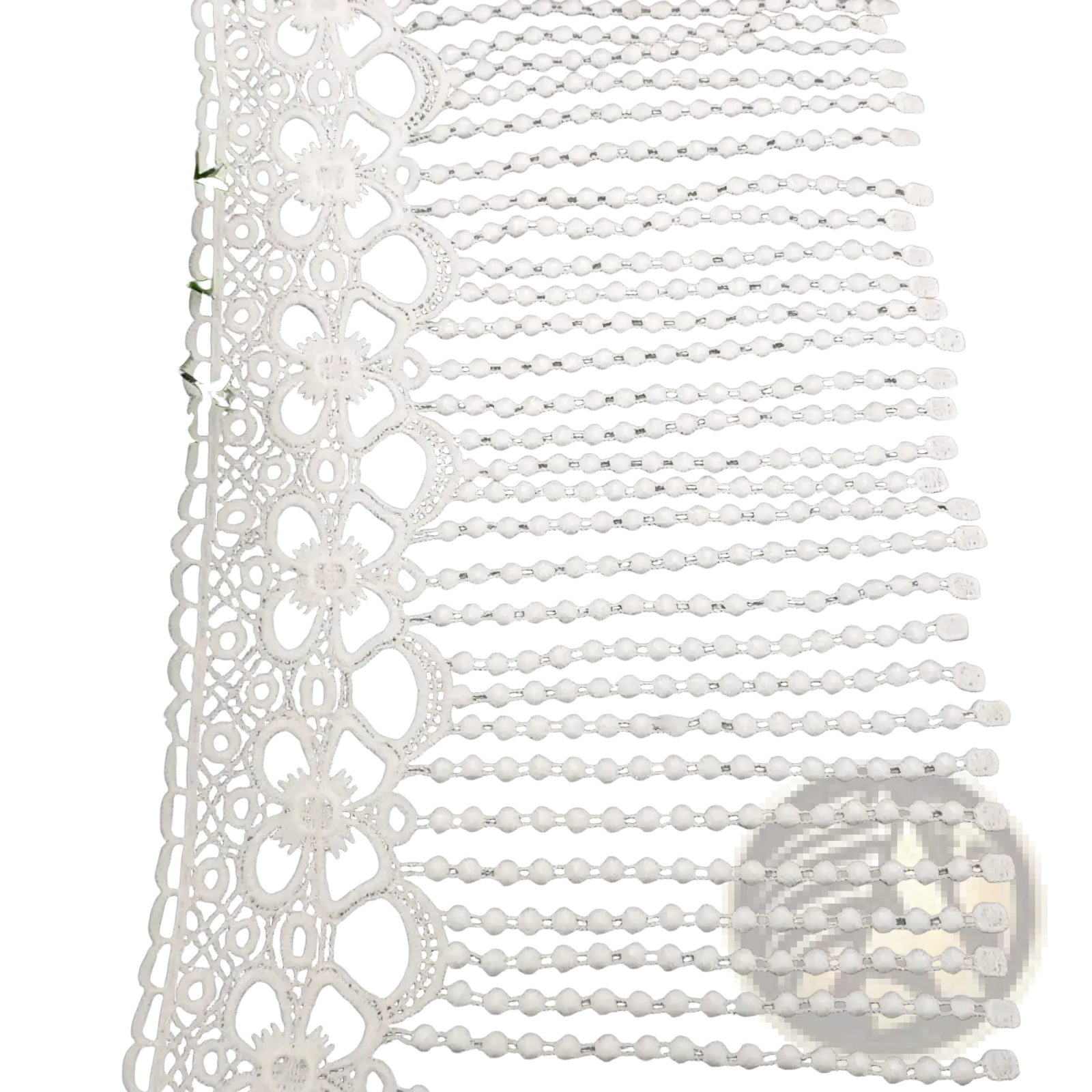 White beaded lace trim fabric featuring intricate floral patterns and delicate beaded fringe in white lace material