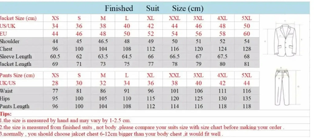 Size chart for white black men tuxedo 3 piece suit formal prom showing measurements in cm and uk/us sizes
