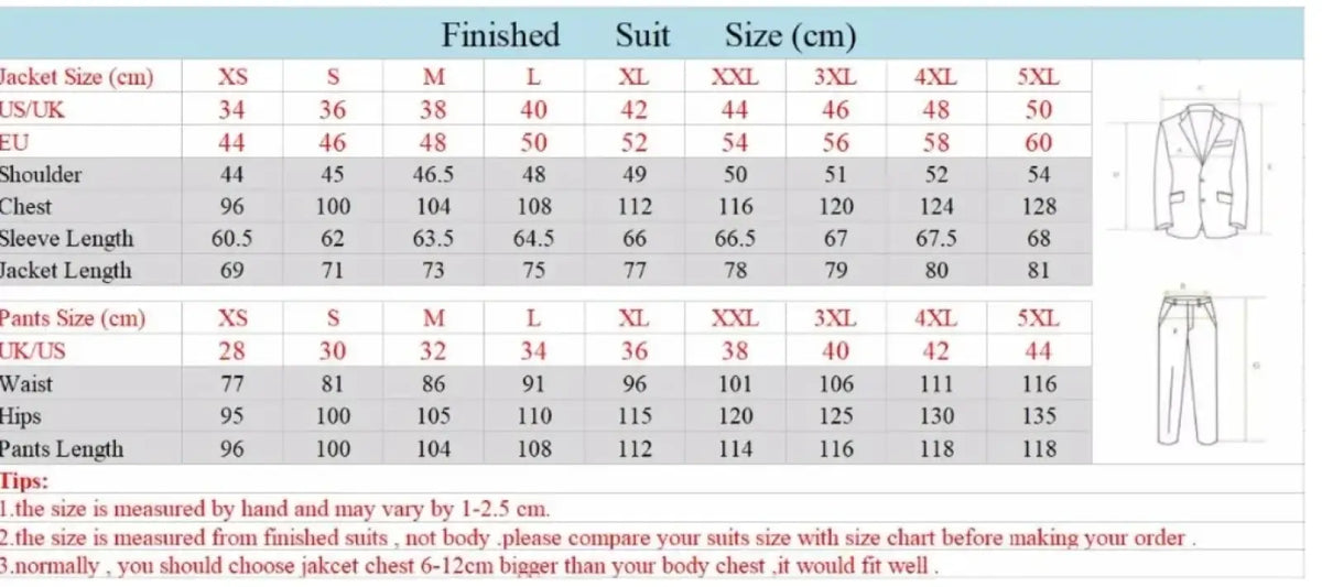 Size chart for white black men tuxedo 3 piece suit formal prom showing measurements in cm and uk/us sizes
