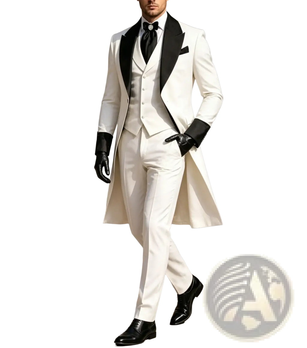 Elegant ivory white black men tuxedo 3 piece suit with black satin lapels and matching gloves for formal prom events