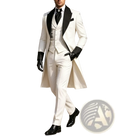 Elegant ivory white black men tuxedo 3 piece suit with black satin lapels and matching gloves for formal prom events