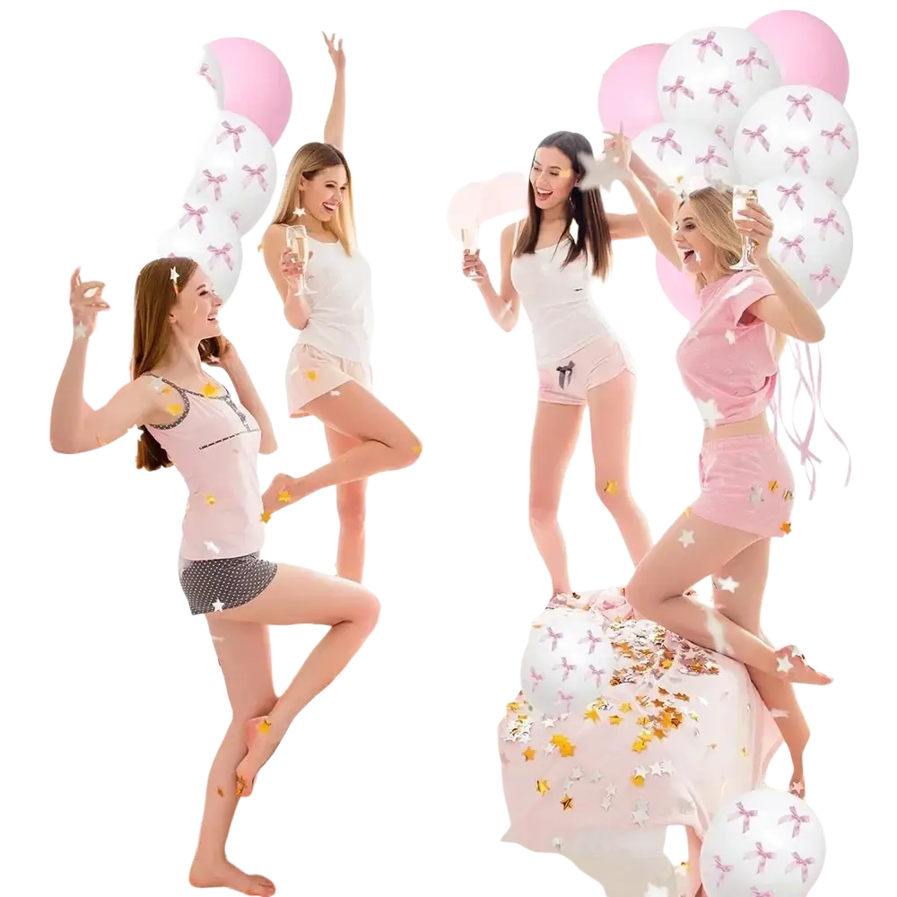 White bow balloon set with pink ribbons featuring pink and white balloons floating around women for party decor