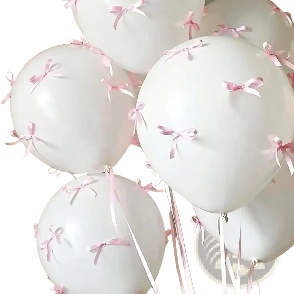 White bow balloon set featuring white balloons with delicate pink ribbons for elegant party decor