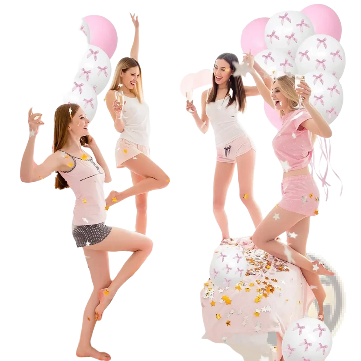 White bow balloon set with pink ribbons featuring pink and white balloons floating around women for party decor