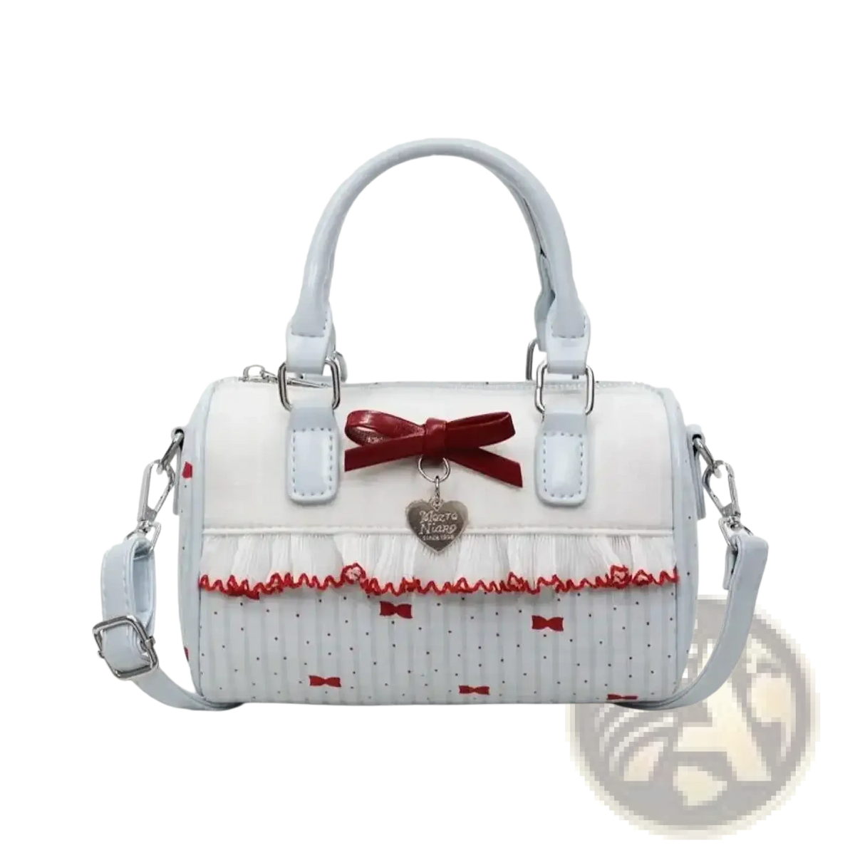 White bow crossbody pu leather handbag with light blue handles, red satin bow, heart charm, and ruffled trim
