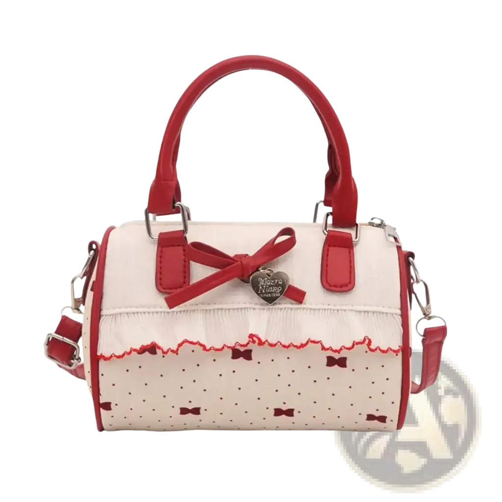 Red and cream-colored lolita-style white bow crossbody pu leather handbag with polka dots bows and ruffled trim