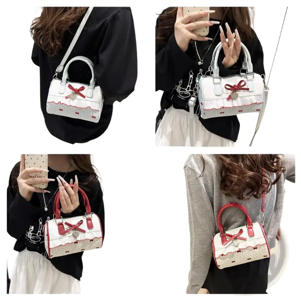 White and red lace-trimmed mini PU leather crossbody handbag with bow detail and heart-shaped charm