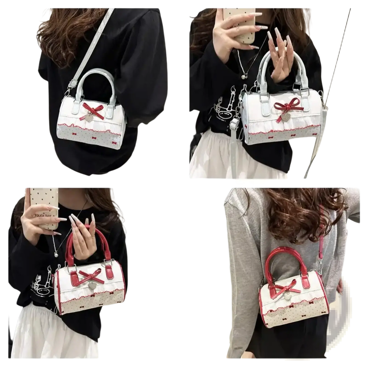 White and red lace-trimmed mini PU leather crossbody handbag with bow detail and heart-shaped charm