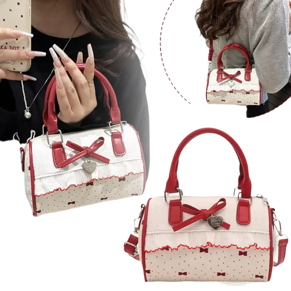 A white and red polka-dotted pu leather mini handbag with frilly hem, red handles, and matching bow accent
