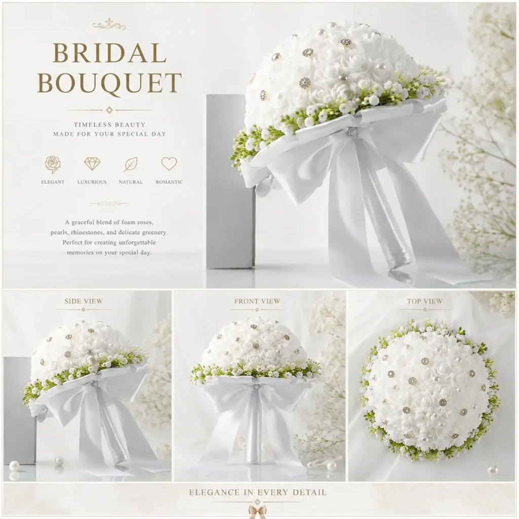 A delicate white bridal bouquet with foam roses pearls rhinestones tied with a flowing satin ribbon