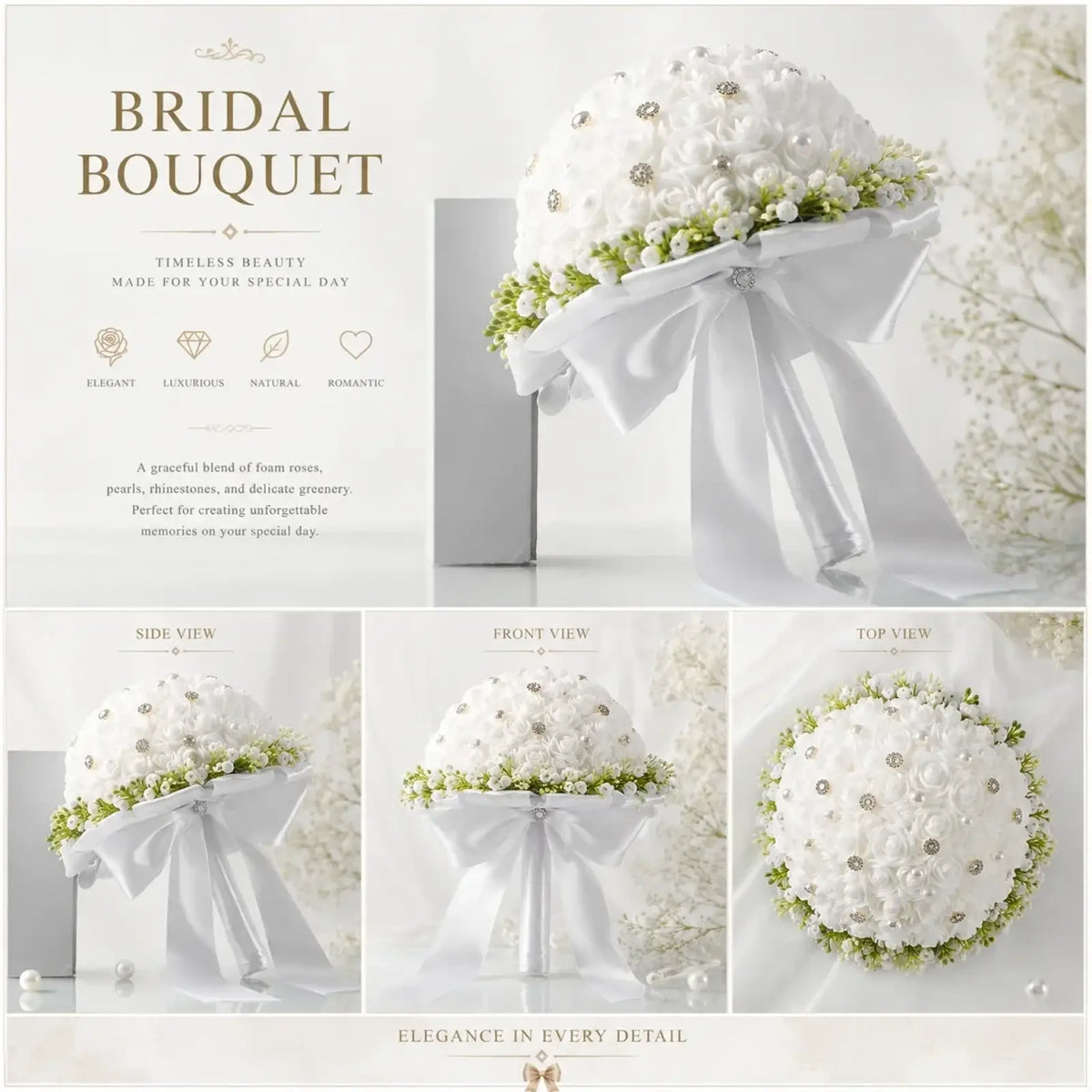 A delicate white bridal bouquet with foam roses pearls rhinestones tied with a flowing satin ribbon