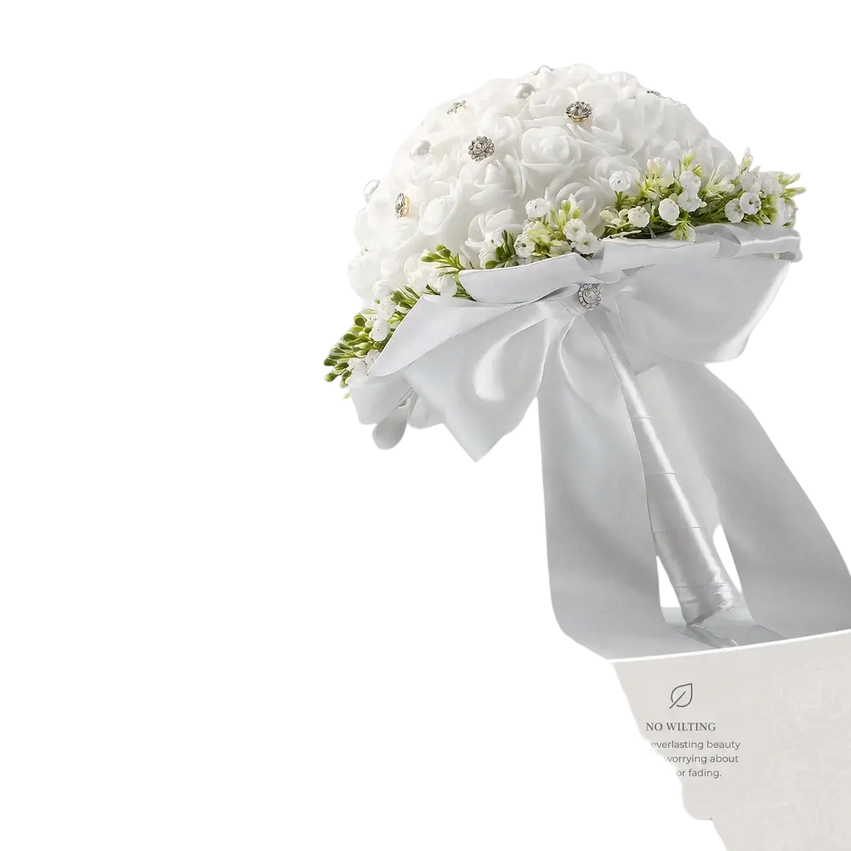White bridal bouquet with delicate white foam roses adorned with pearls and rhinestones tied with satin ribbon bow