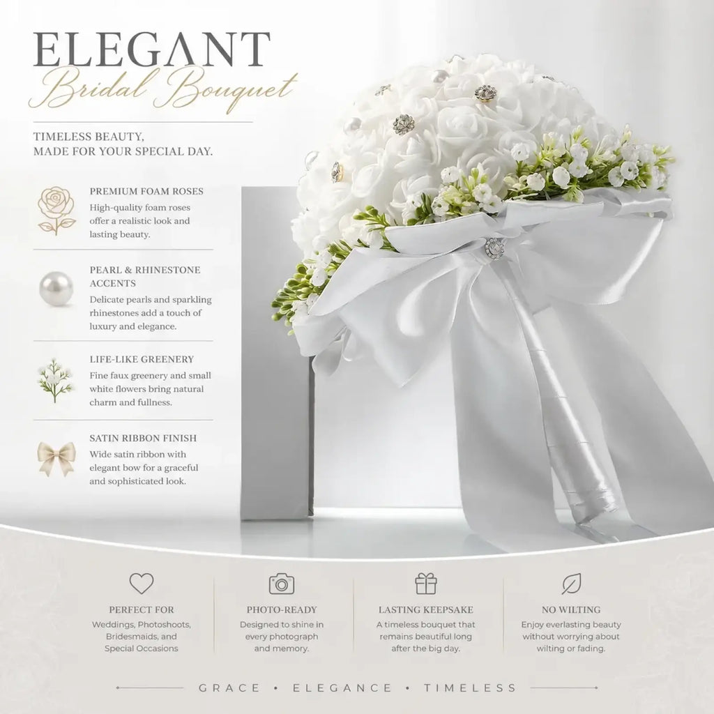 White bridal bouquet with delicate white foam roses adorned with pearls and rhinestones tied with satin ribbon bow