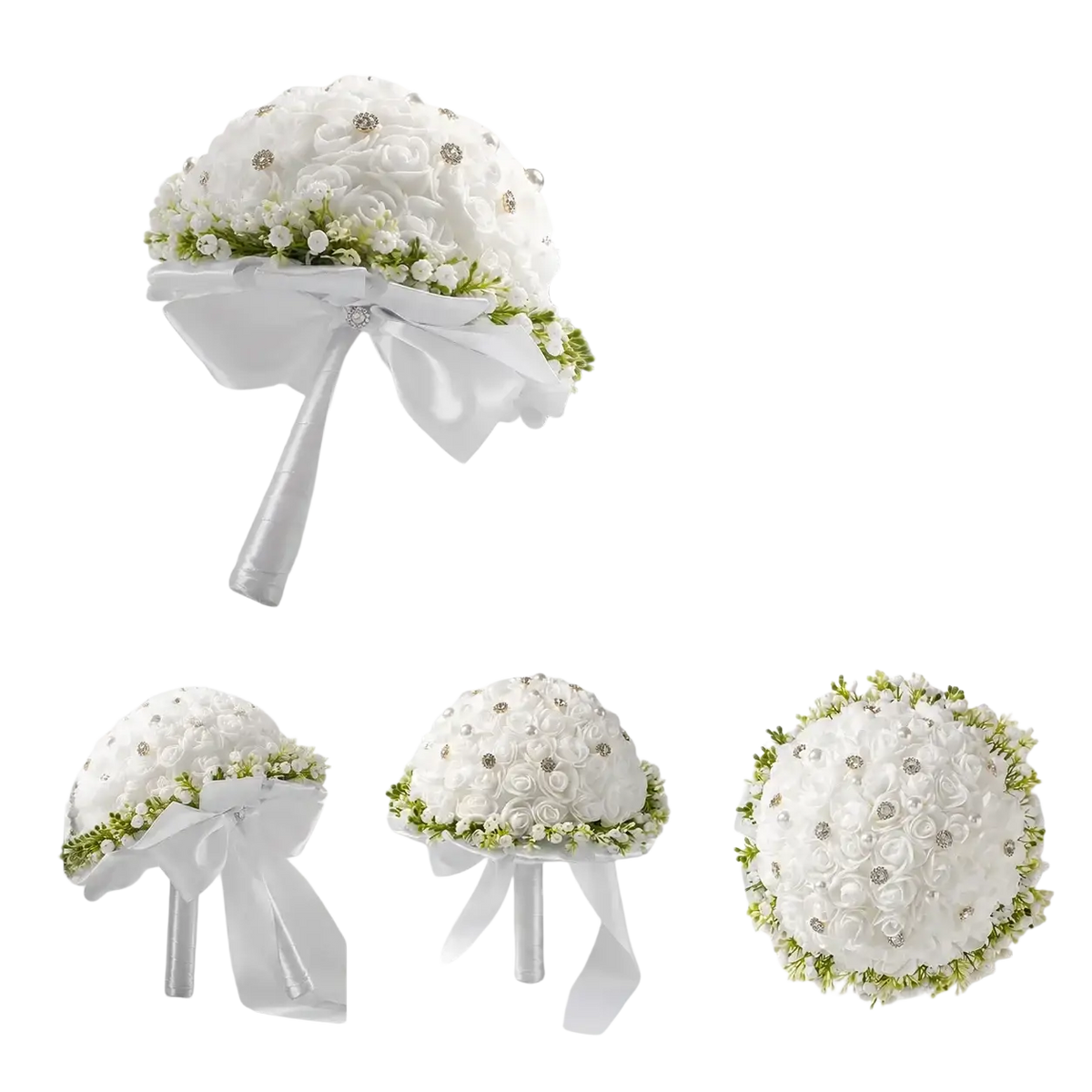 Elegant white bridal bouquet with pearls and silver rhinestones accented by a flowing satin ribbon bow