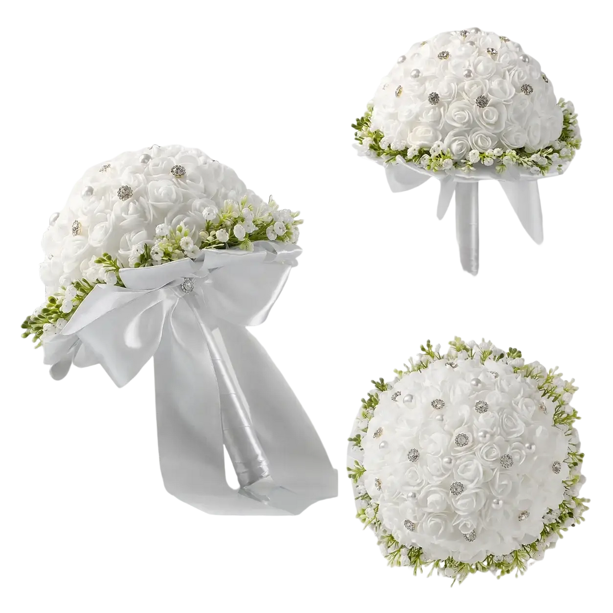 Elegant white bridal bouquet featuring artificial roses with silver rhinestones pearls greenery and satin ribbon tie