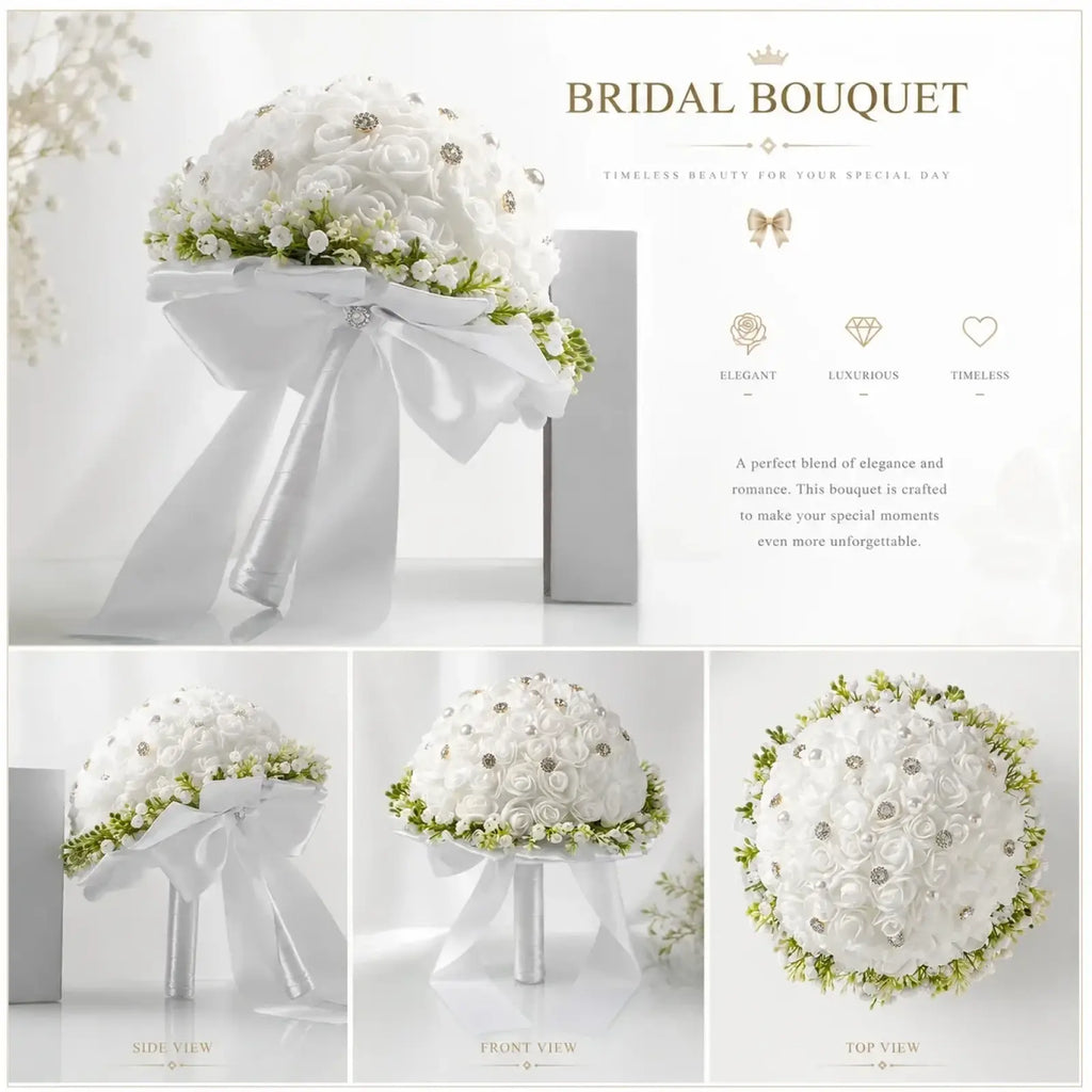 Elegant white bridal bouquet with pearls and silver rhinestones accented by a flowing satin ribbon bow
