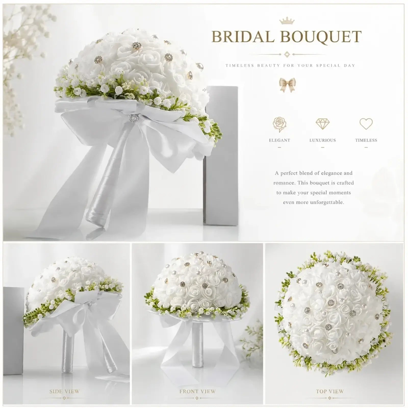 Elegant white bridal bouquet with pearls and silver rhinestones accented by a flowing satin ribbon bow