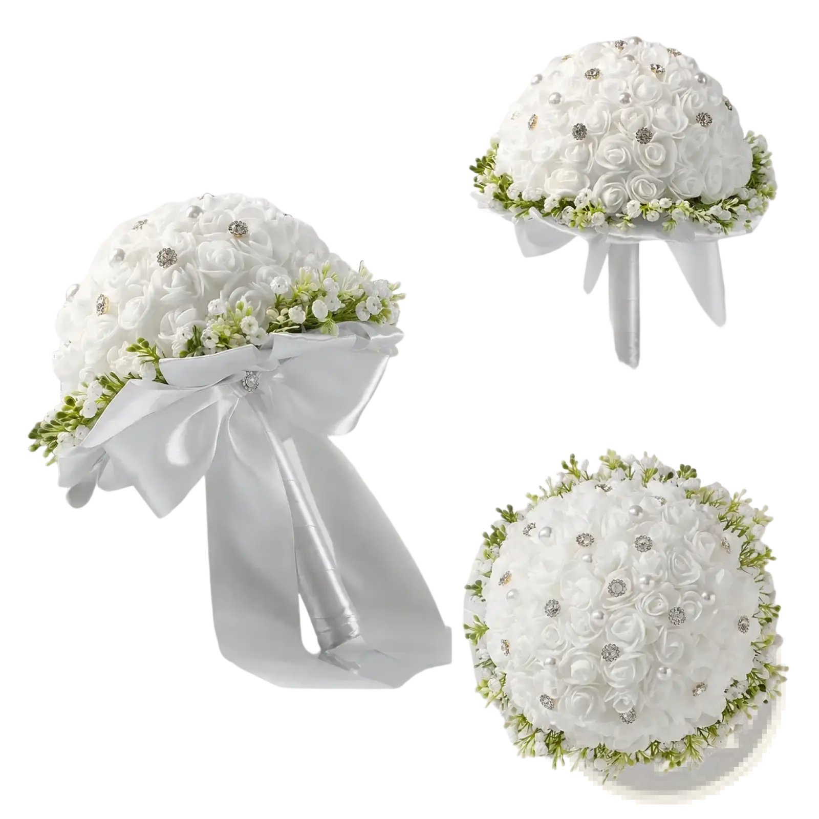 Elegant white bridal bouquet featuring artificial roses with silver rhinestones pearls greenery and satin ribbon tie