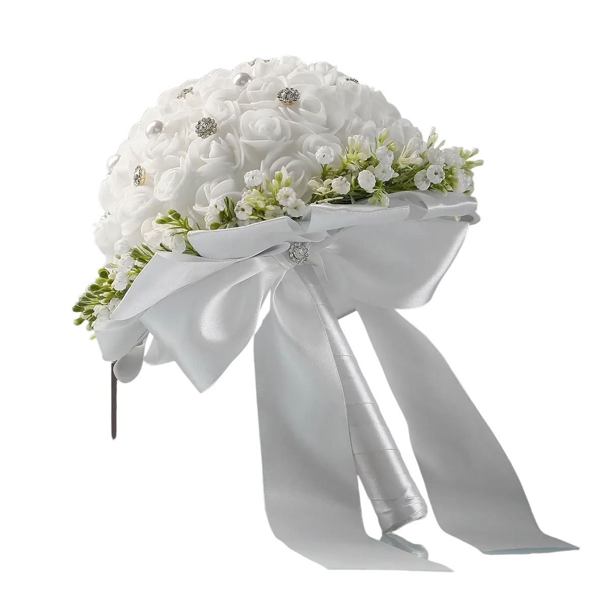 Elegant white bridal bouquet with foam roses accented by pearls and rhinestones tied with a satin ribbon bow