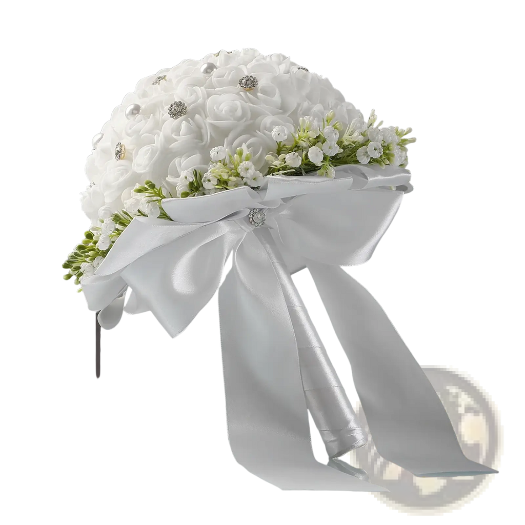 Elegant white bridal bouquet with foam roses accented by pearls and rhinestones tied with a satin ribbon bow