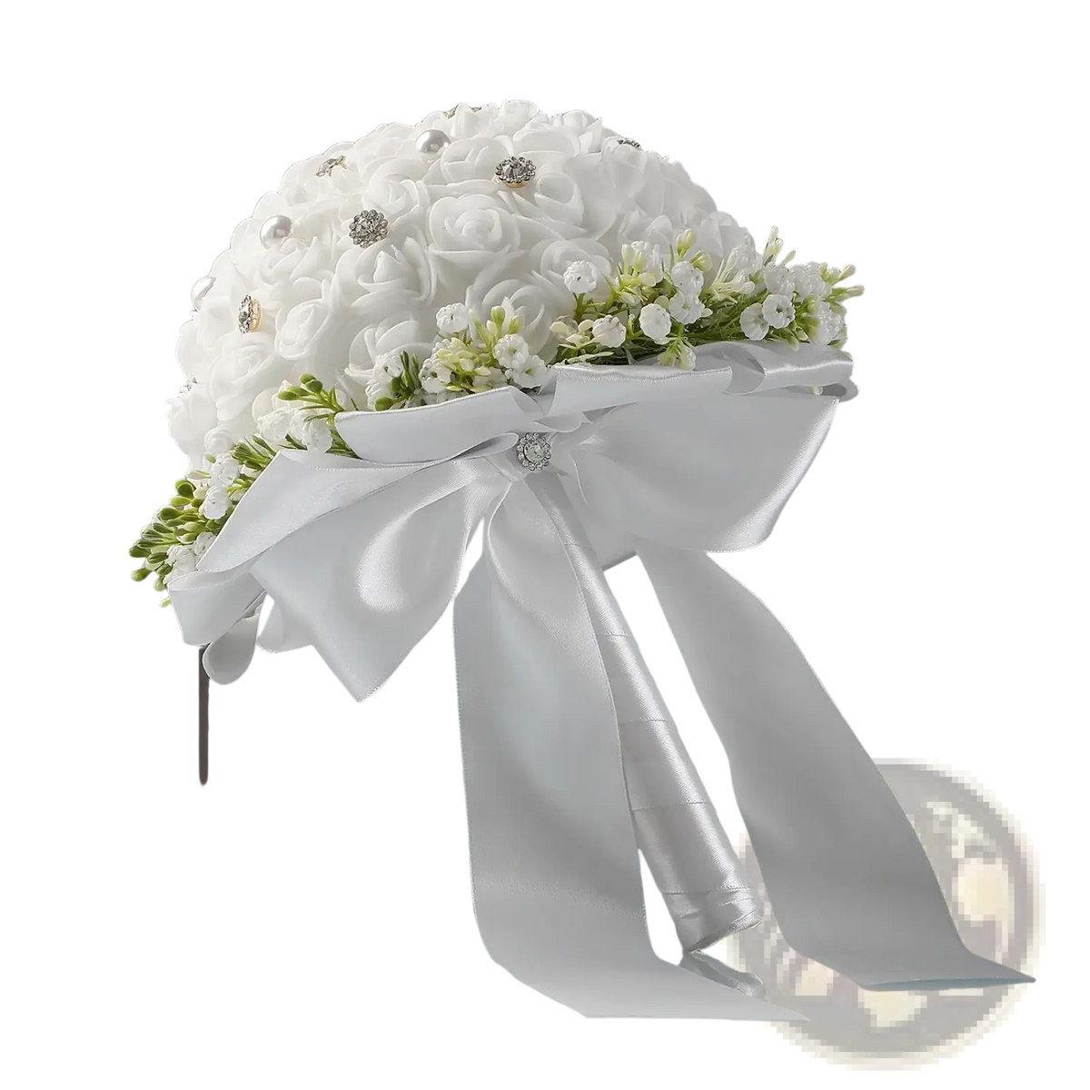 Elegant white bridal bouquet with foam roses accented by pearls and rhinestones tied with a satin ribbon bow