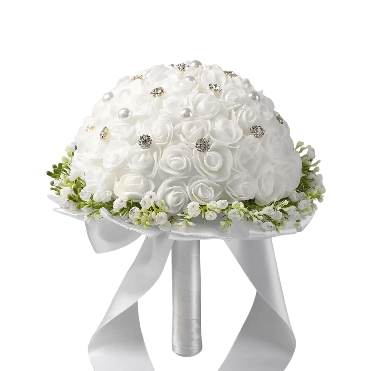 Elegant white bridal bouquet wrapped in satin ribbon featuring artificial roses with pearls and rhinestones embellishments
