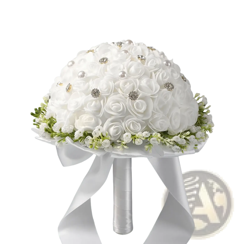 Elegant white bridal bouquet wrapped in satin ribbon featuring artificial roses with pearls and rhinestones embellishments