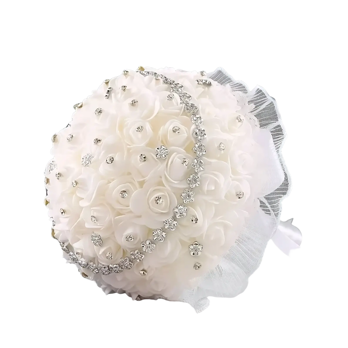 A delicate white bridal bouquet with soft fabric roses adorned with rhinestones and sheer lace trim