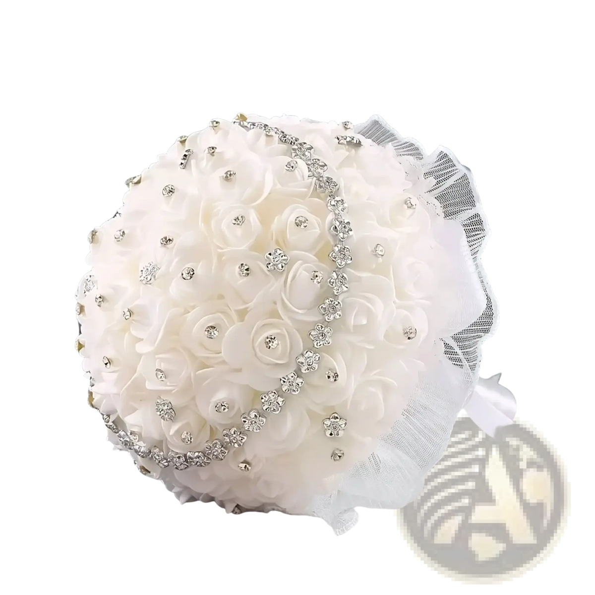 A delicate white bridal bouquet with soft fabric roses adorned with rhinestones and sheer lace trim
