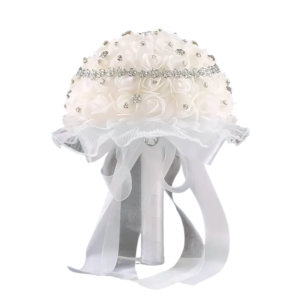 White bridal bouquet of ivory satin roses adorned with rhinestones and tied with a sheer lace ribbon bow