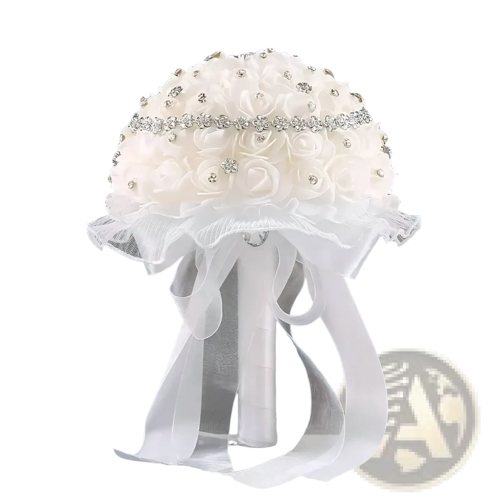White bridal bouquet of ivory satin roses adorned with rhinestones and tied with a sheer lace ribbon bow
