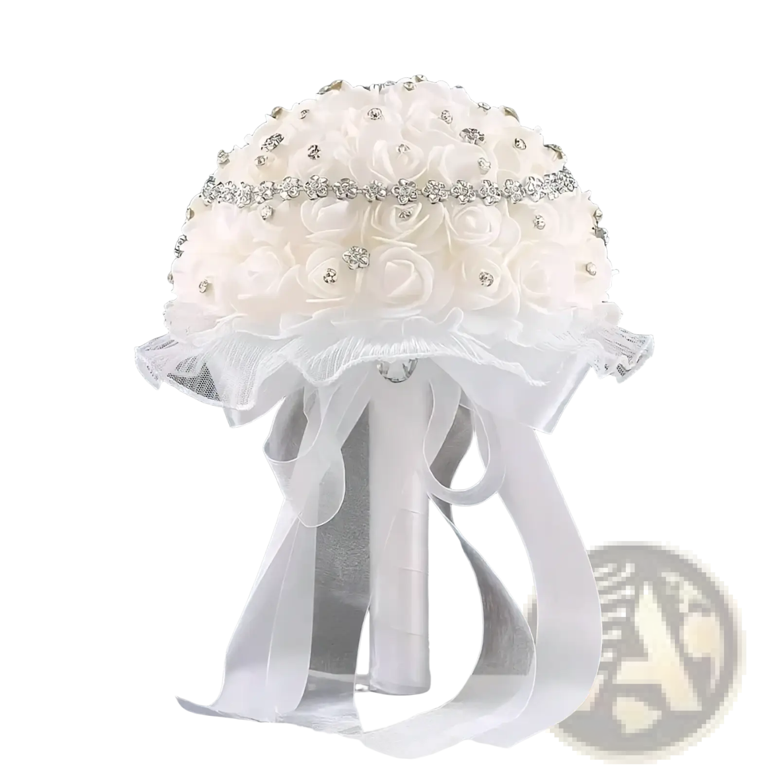 White bridal bouquet of ivory satin roses adorned with rhinestones and tied with a sheer lace ribbon bow