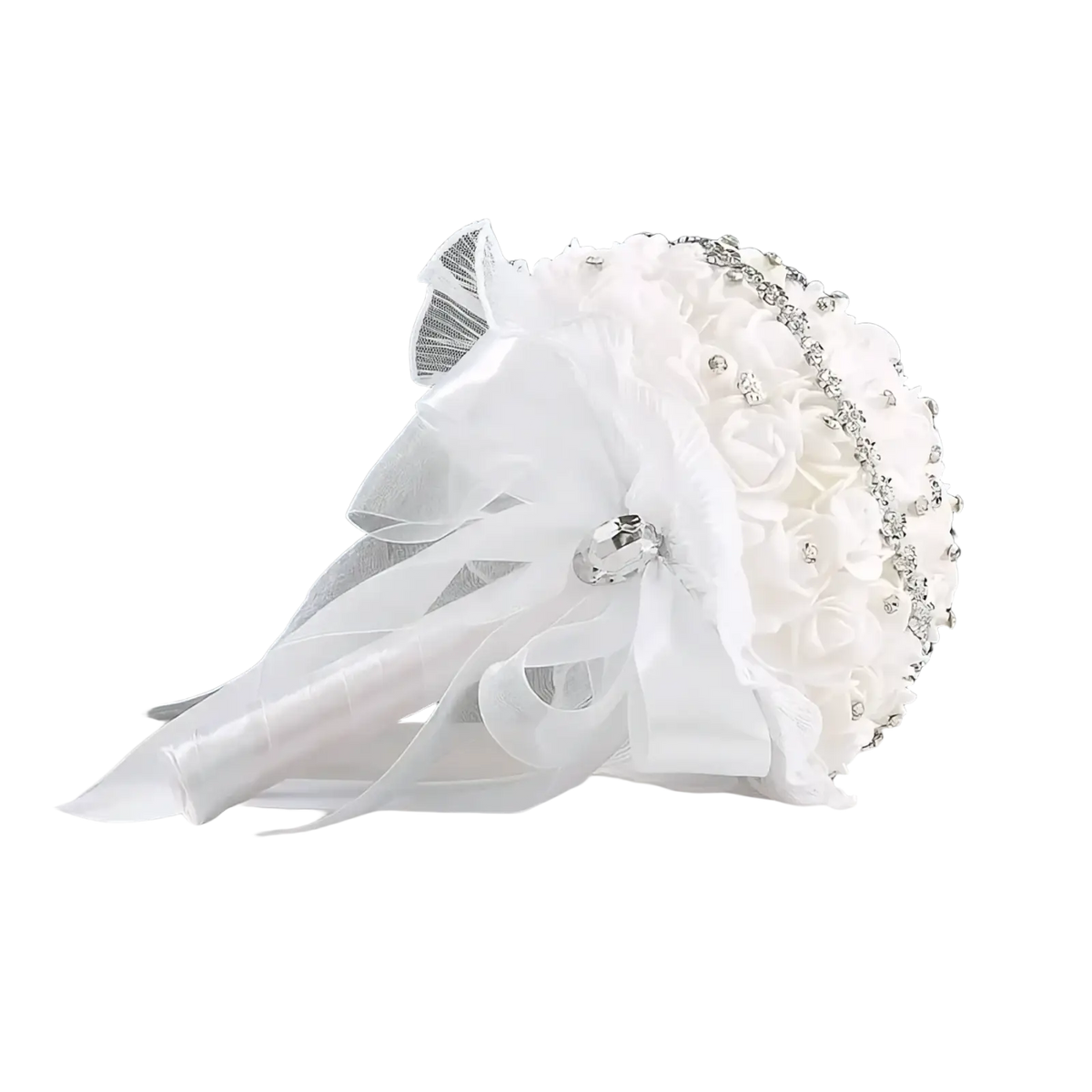 Elegant white bridal bouquet with delicate fabric roses sparkling rhinestone embellishments and sheer organza bow