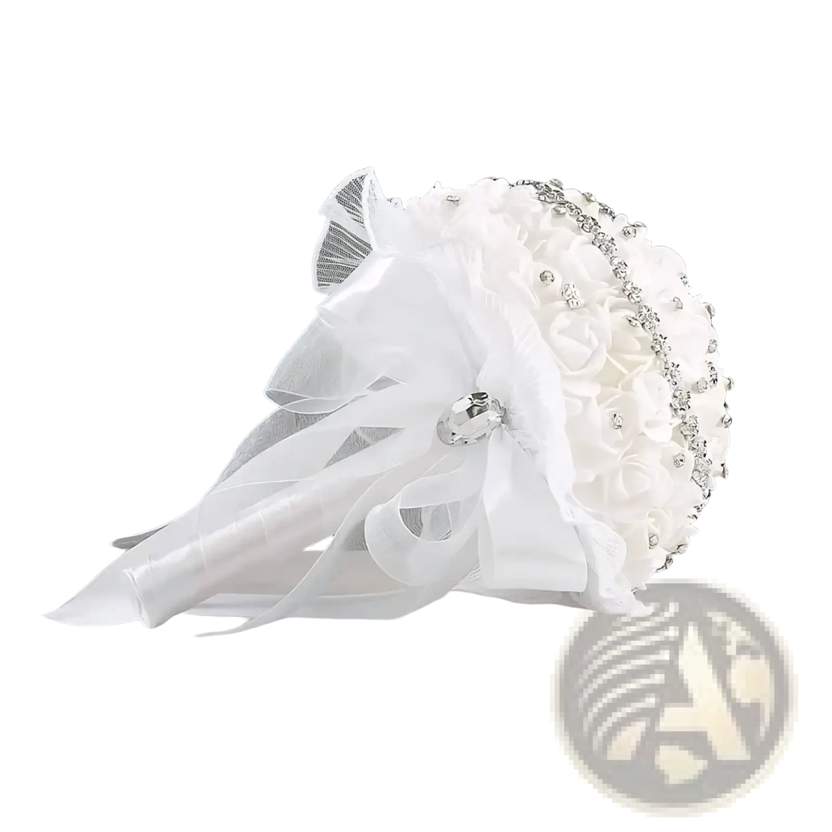 Elegant white bridal bouquet with delicate fabric roses sparkling rhinestone embellishments and sheer organza bow