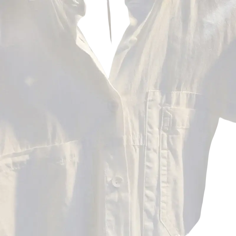 White button down office blouse for women in crisp white cotton with classic collar and front pockets inch cm inch