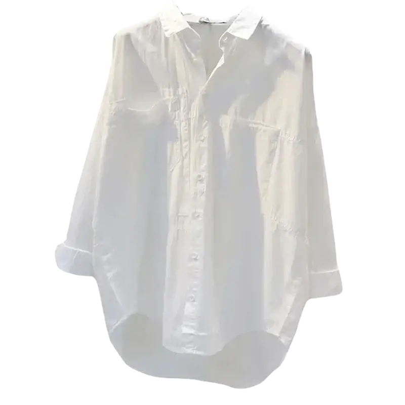 White button down office blouse for women with crisp white fabric long sleeves classic collar and rolled cuffs in inch cm measurements