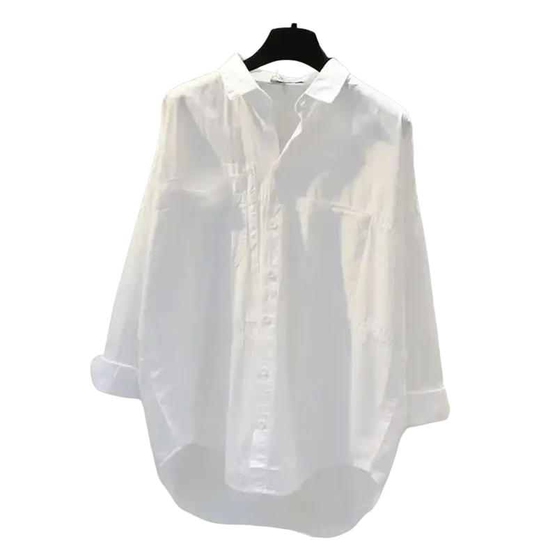 White button down office blouse for women with crisp white fabric long sleeves rolled cuffs relaxed fit inch cm sizing